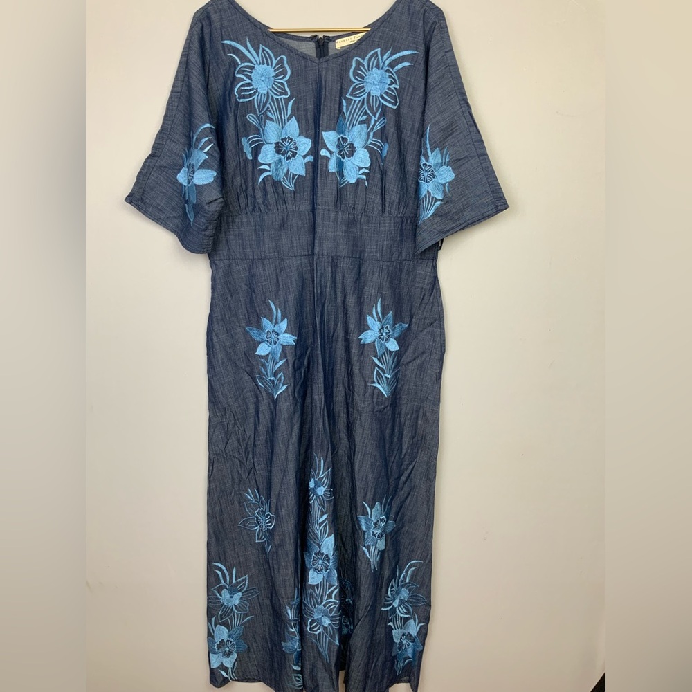 Eshakti‎ Wayward Fancies Sz 16 XL Blue Chambray Embroidered Cotton Maxi Dress